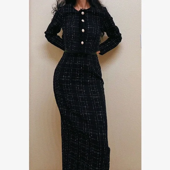Classic Tweed Button Crop Jacket Midi Frayed Hem Skirt Set - Picture 3 of 10